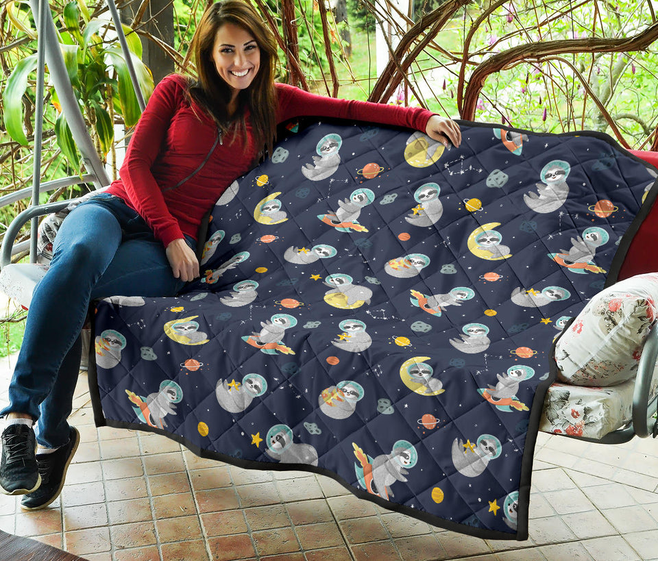Cute Sloth Astronaut Star Planet Rocket Pattern Premium Quilt