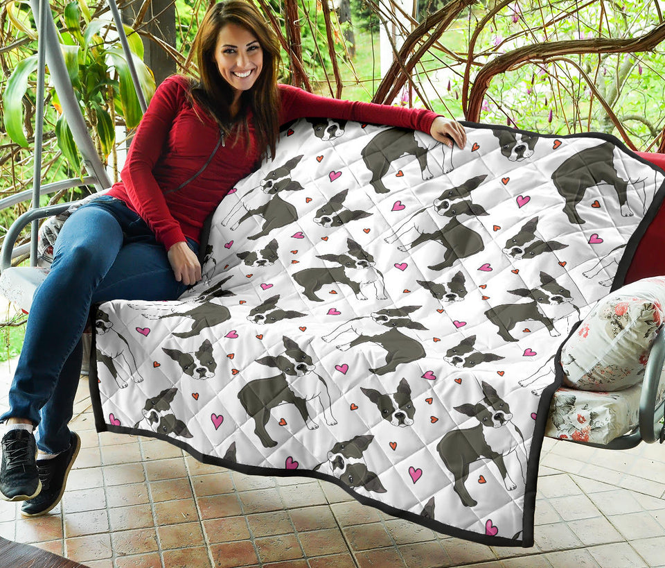 Boston Terrier Dog Hearts Vector Pattern Premium Quilt