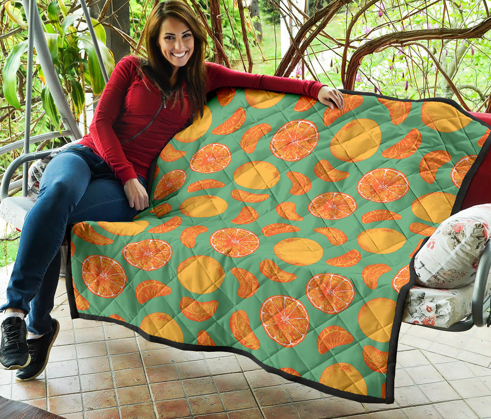 Orange Fruit Pattern Green Background Premium Quilt