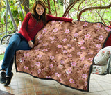 Pink Sakura Cherry Blossom Drak Brown Background Premium Quilt