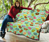 Colorful Donut Pattern Green Background Premium Quilt
