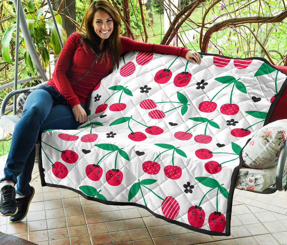 Cherry Pattern White Background Premium Quilt