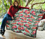 Beautiful Flamingo Tropical Palm Leaves Hibiscus Pateern Background Premium Quilt