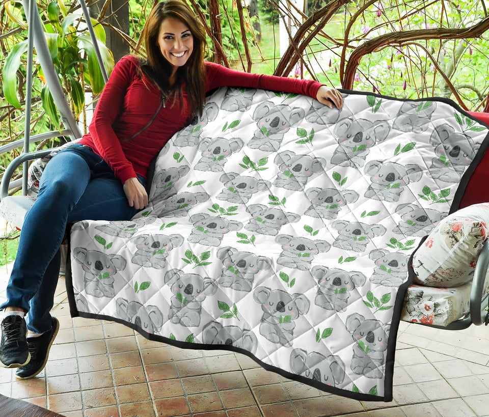 Hand Drawn Koala Leaves Pattern Premium Quilt