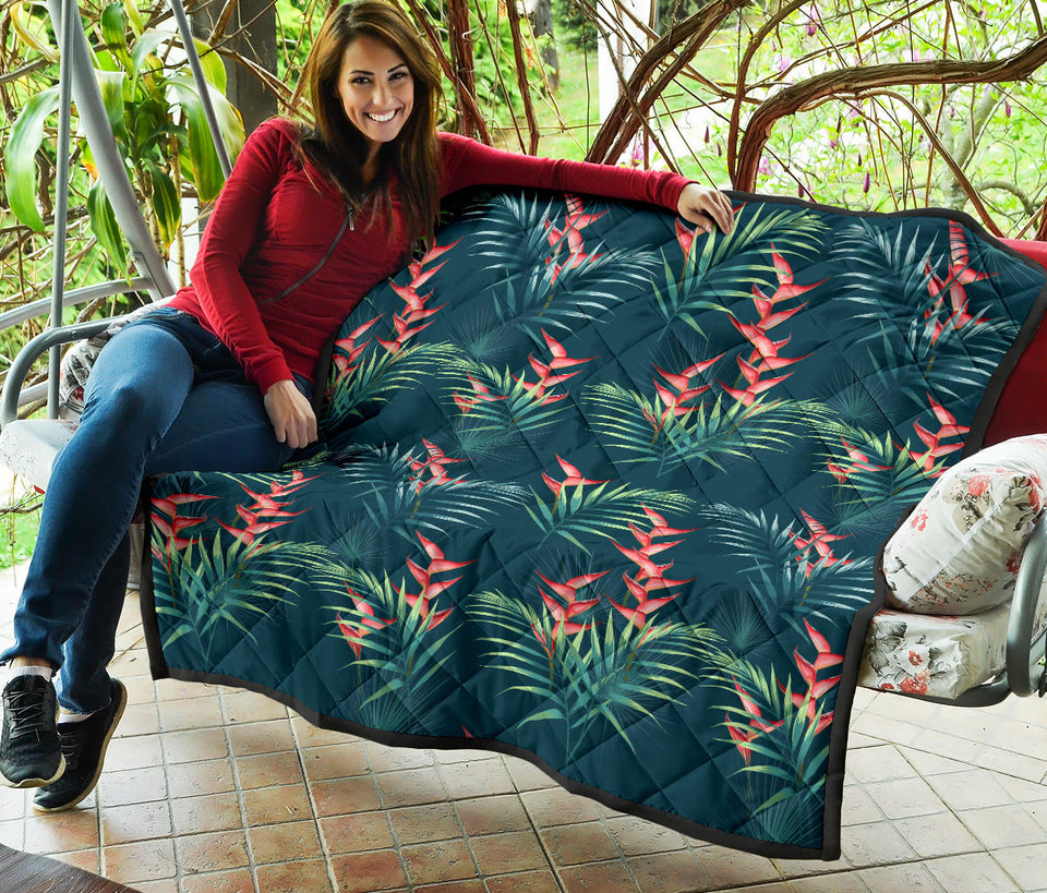 Heliconia Flowers, Palm And Monstera Leaves On Black Background Pattern Premium Quilt