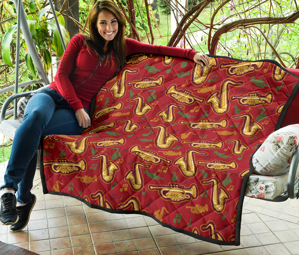 Saxophone Cornet Pattern Red Background Premium Quilt
