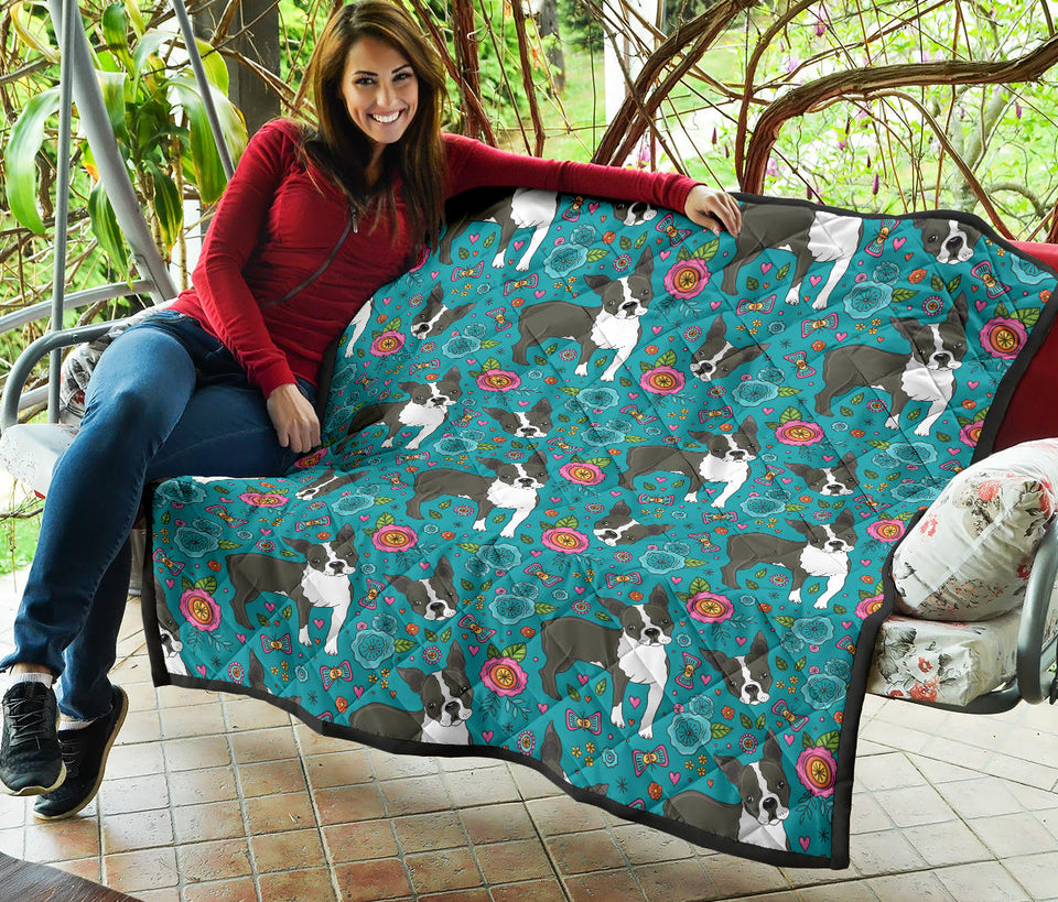 Boston Terrier Beautiful Flower Pattern Premium Quilt