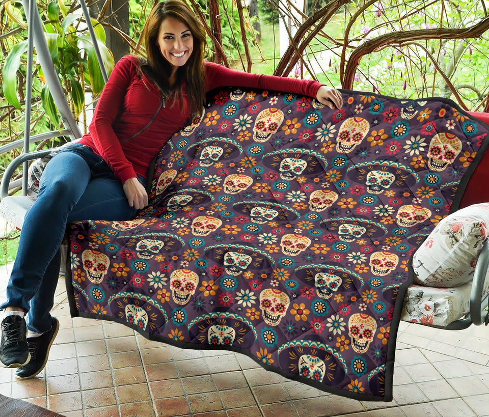 Sugar Skulls Flower Maxican Pattern Premium Quilt