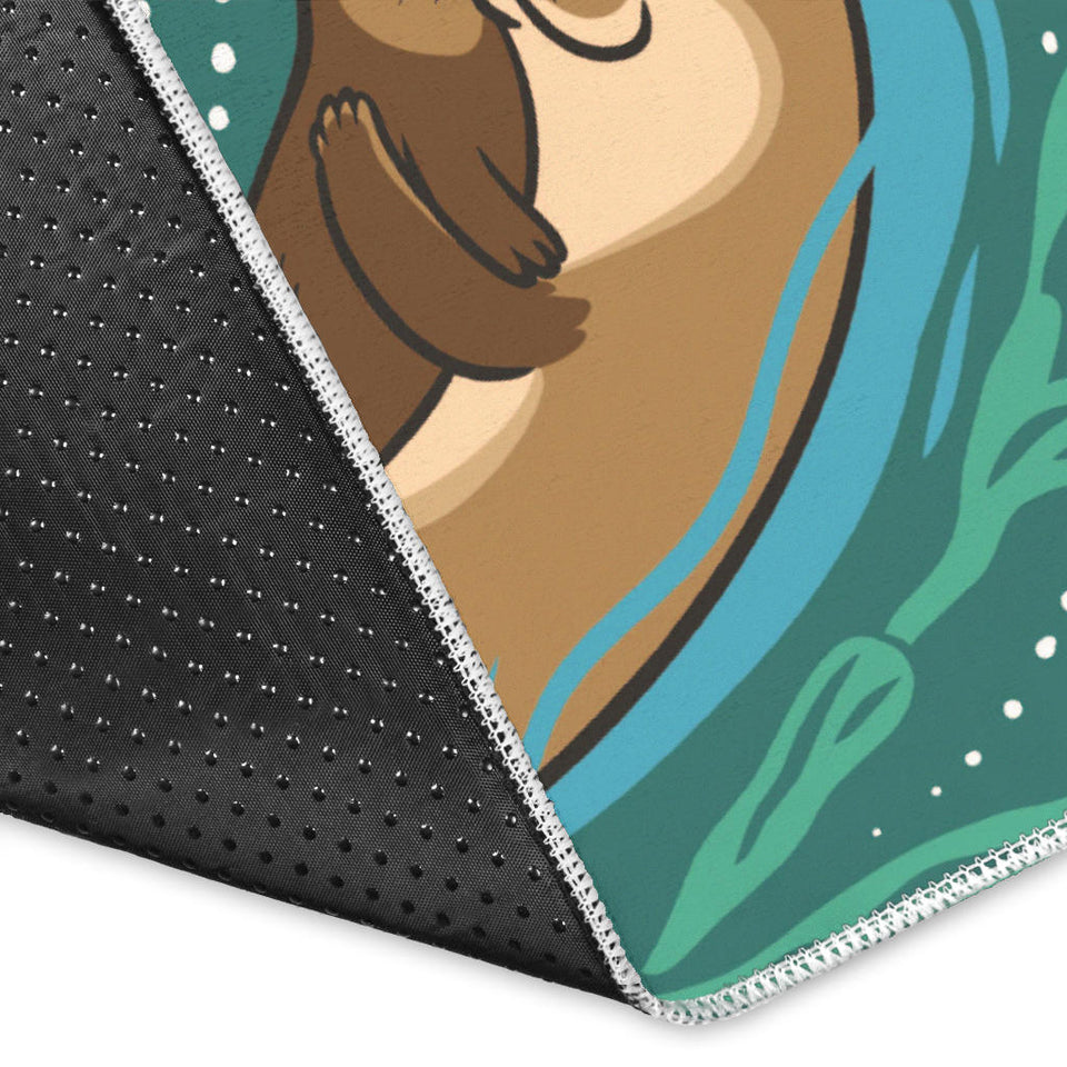 Cute Brown Sea Otters Ornamental Seaweed Corals Green Water Area Rug