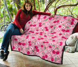 Cherry Flower Pattern Pink Background Premium Quilt