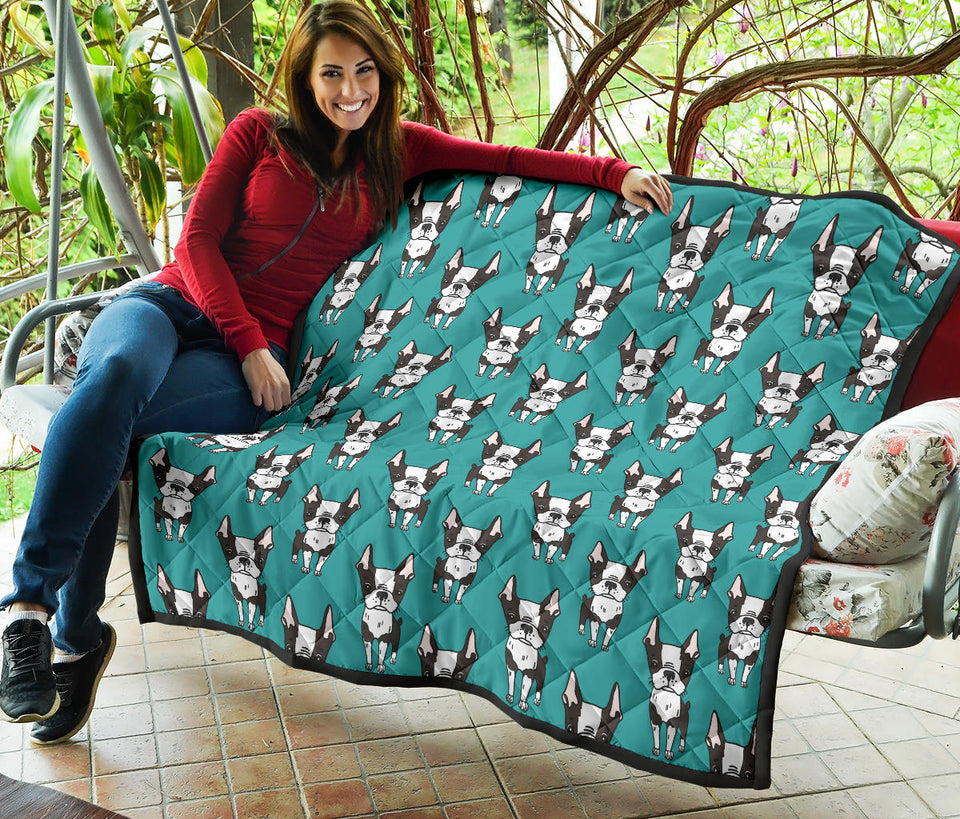 Hand Drawn Boston Terrier Dog Pattern Premium Quilt