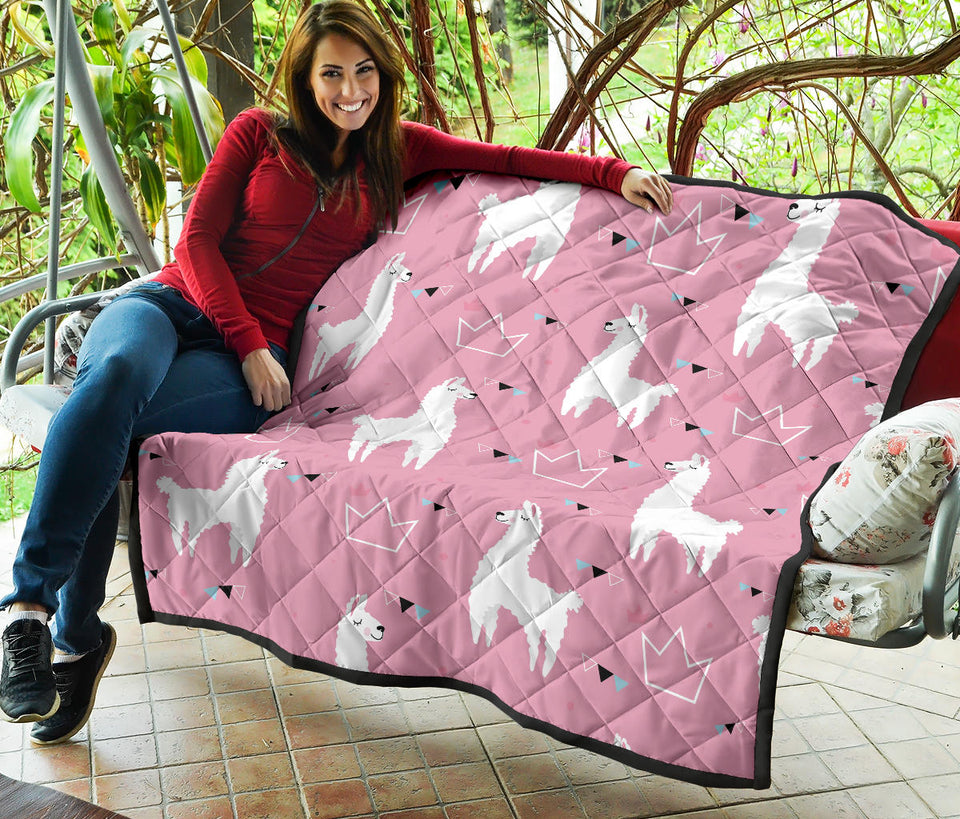 Llama Alpaca Pink Background Premium Quilt