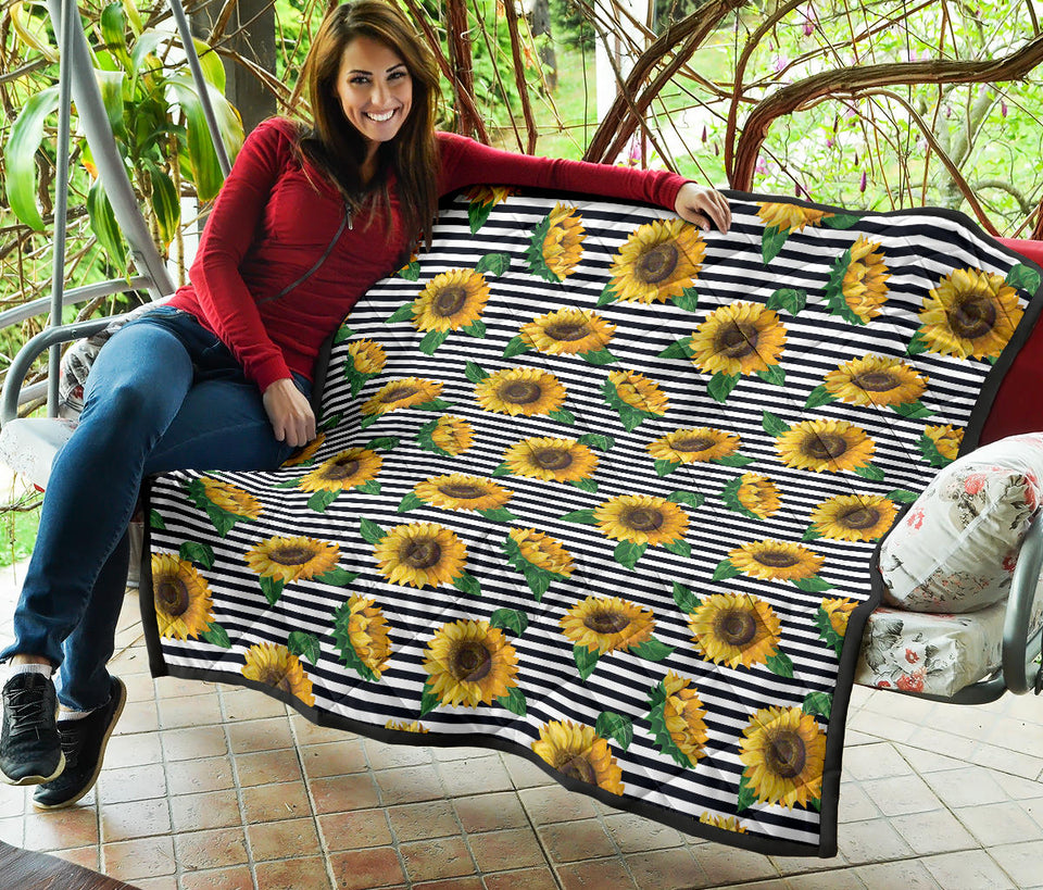 Sunflowers Ribbon Background Premium Quilt