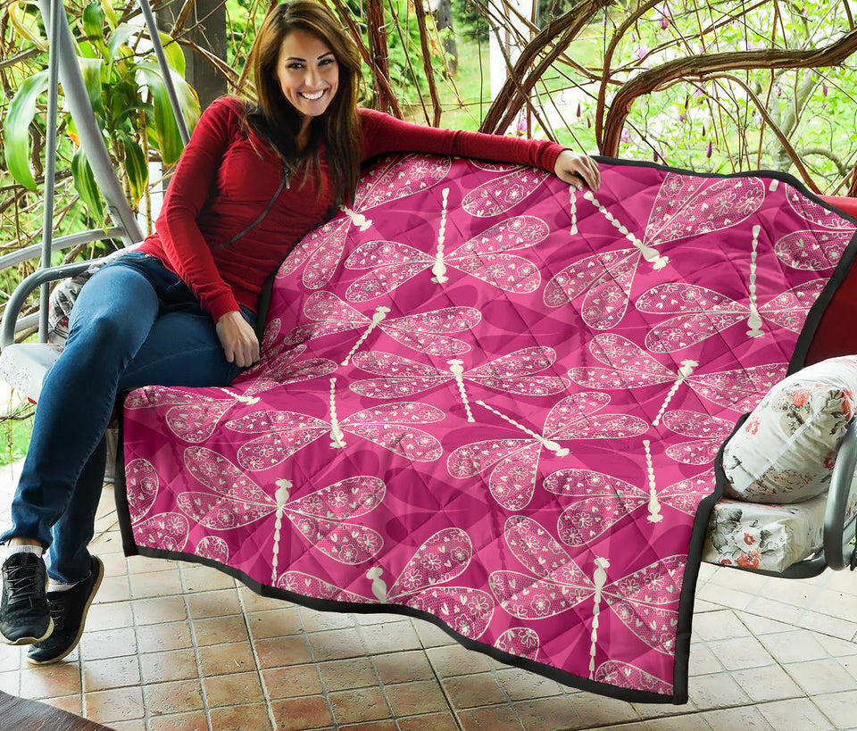 Beautiful Dragonfly Pink Background Premium Quilt