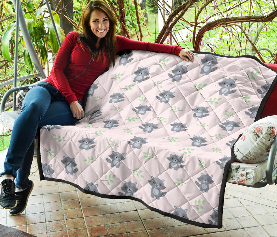 Cute Raccoons Leaves Pattern Premium Quilt