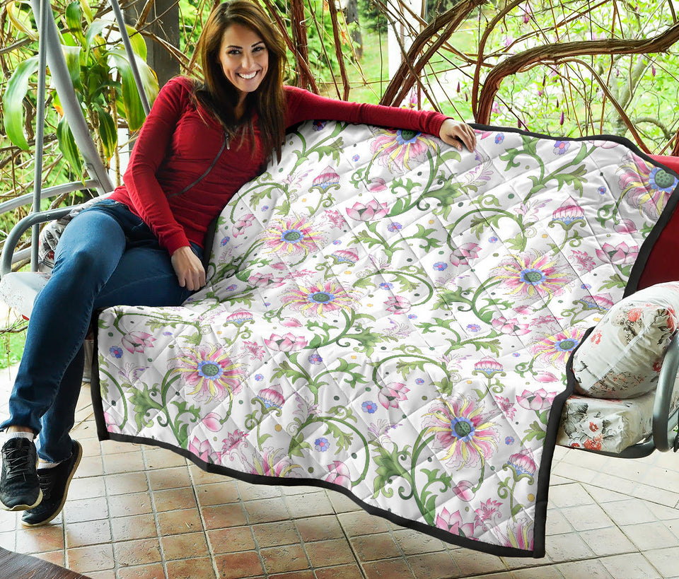 Beautiful Pink Lotus Waterlily Leaves Pattern Premium Quilt