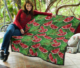 Watermelons Tropical Palm Leaves Pattern Background Premium Quilt