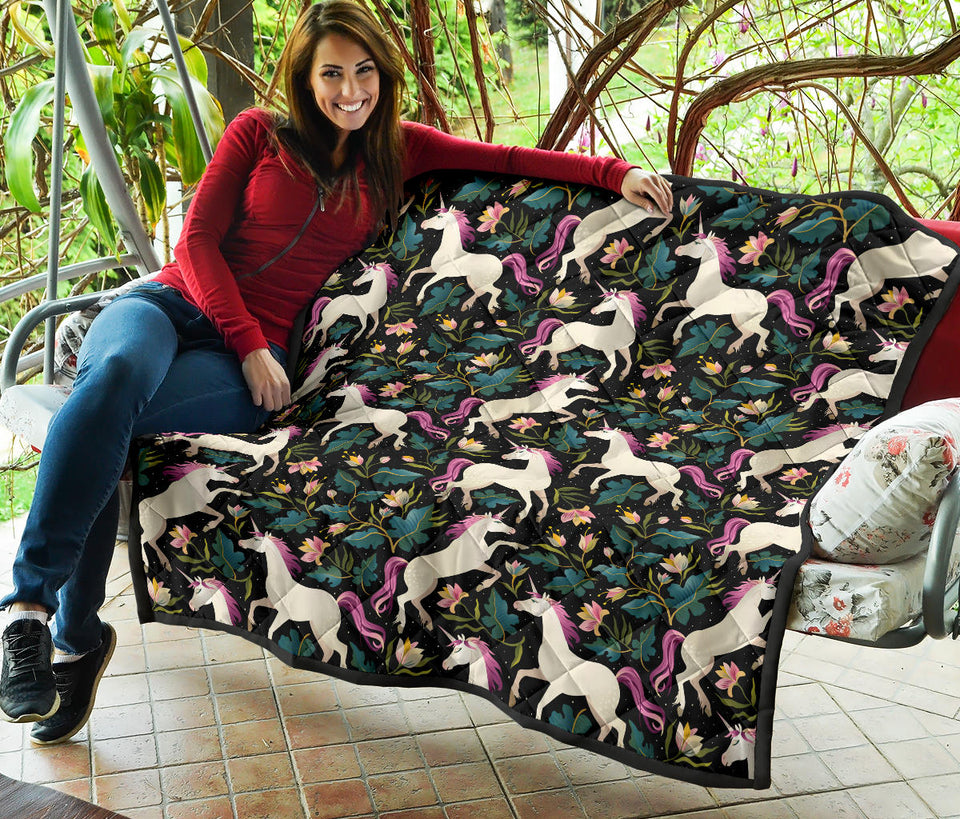 Unicorns Forest Background Premium Quilt
