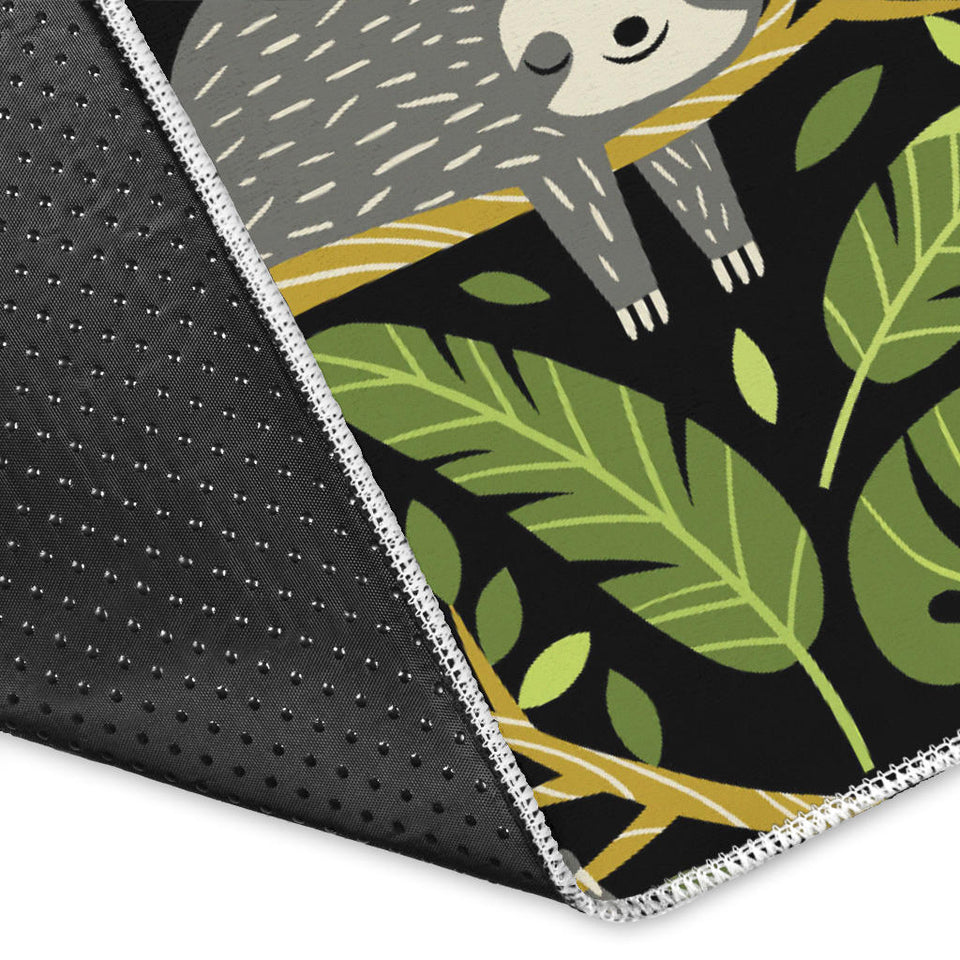 Cute Sloths Tropical Palm Leaves Black Background Area Rug