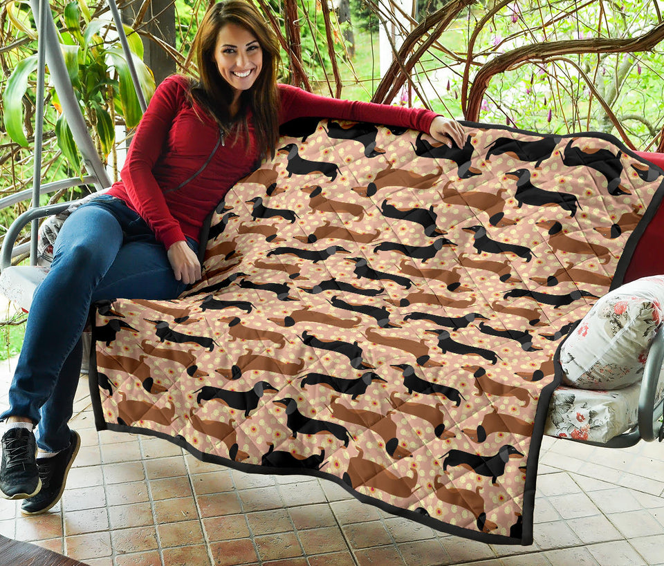 Dachshund Floral Background Premium Quilt