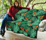 Heliconia Flower Palm Monstera Leaves Black Background Premium Quilt
