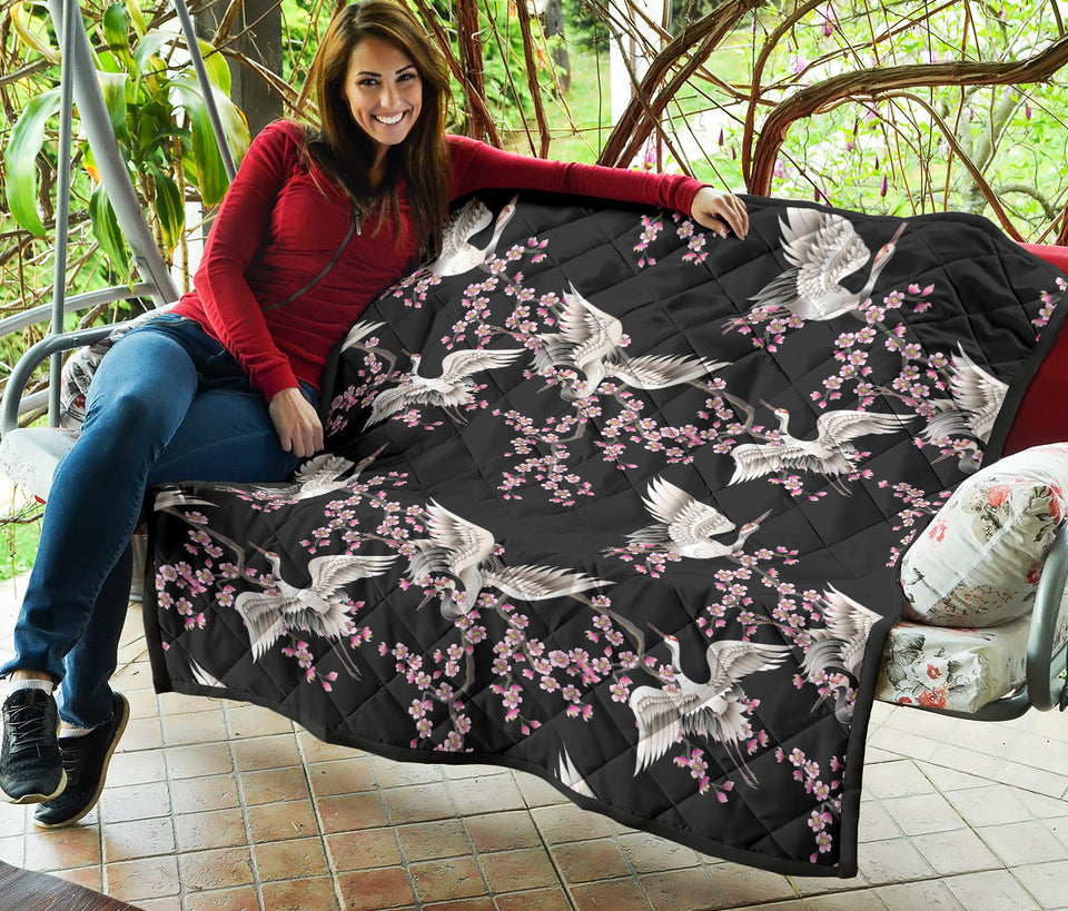 Japanese Crane Pink Sakura Pattern Premium Quilt