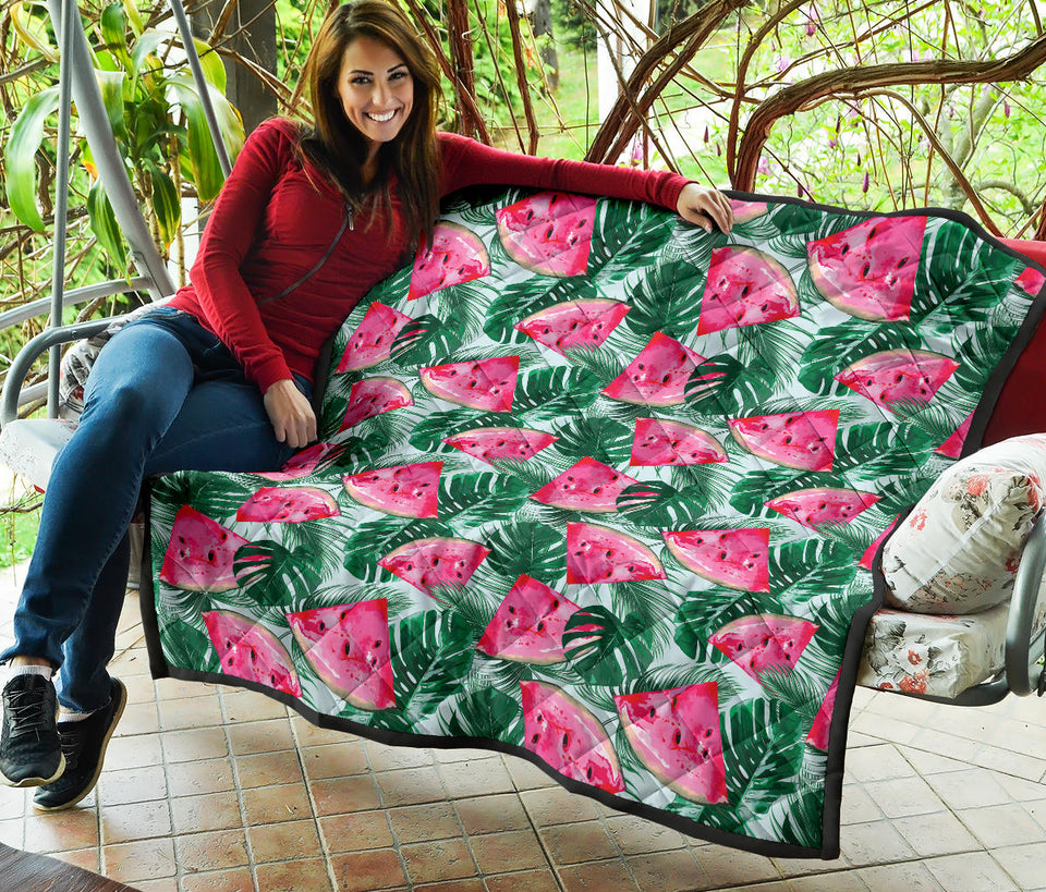 Watermelons Tropical Palm Leaves Pattern Premium Quilt