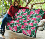 Watermelons Tropical Palm Leaves Pattern Premium Quilt