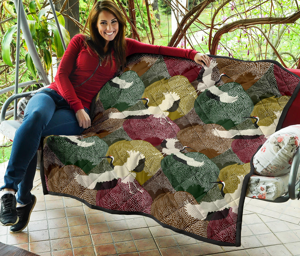 Japanese Cranes Flying Forest Dot Pattern Premium Quilt
