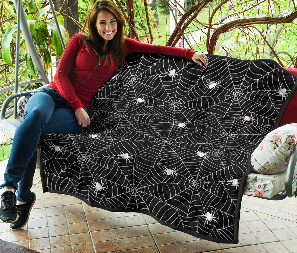 Spider Web Design Pattern Black Background White Cobweb Premium Quilt