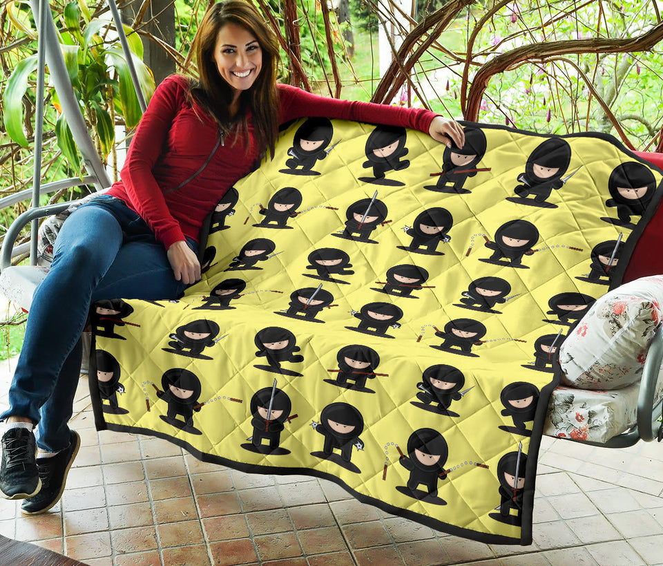 Cute Ninja Yellow Background Premium Quilt