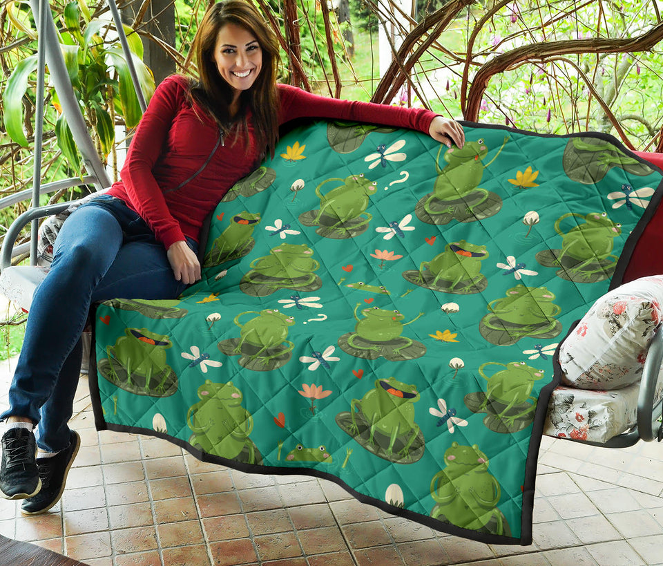 Cute Frog Dragonfly Design Pattern Premium Quilt