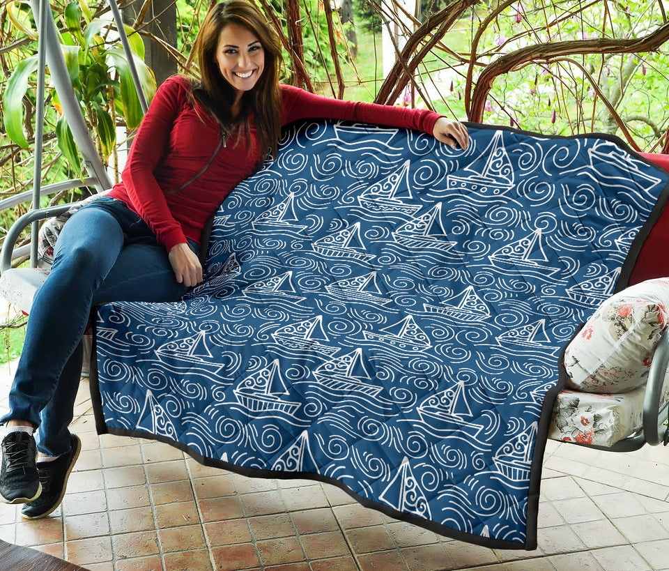Hand Drawn Sailboat Pattern Premium Quilt