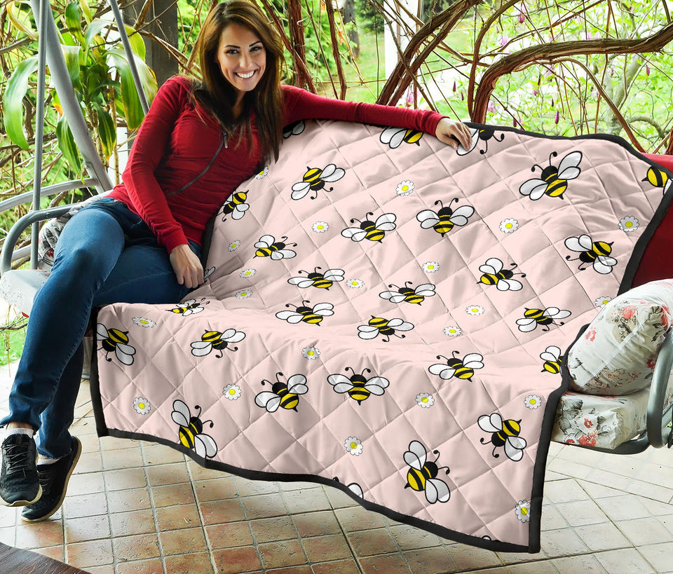 Cute Bee Flower Pattern Pink Background Premium Quilt