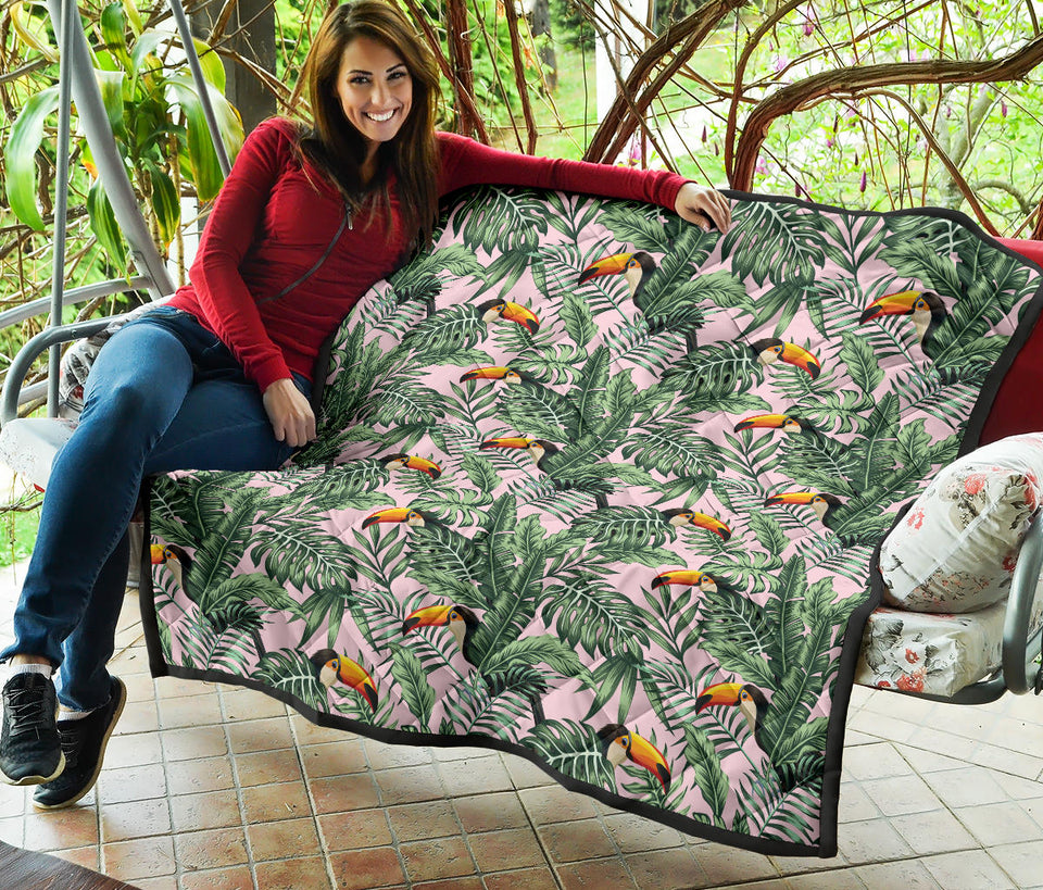 Toucan Tropical Green Jungle Palm Pattern Premium Quilt