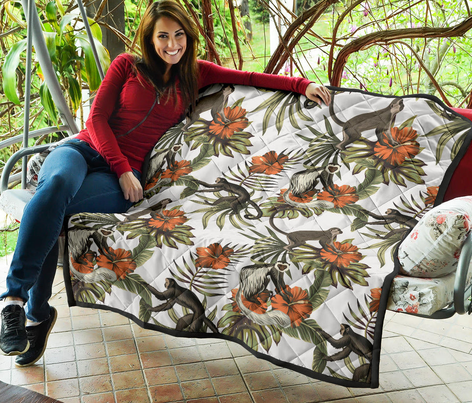 Monkey Red Hibiscus Flower Palm Leaves Floral Pattern Premium Quilt