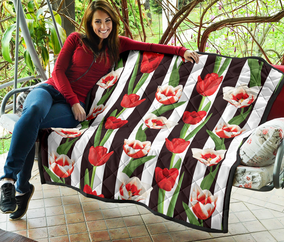 Red And White Tulips Pattern Premium Quilt