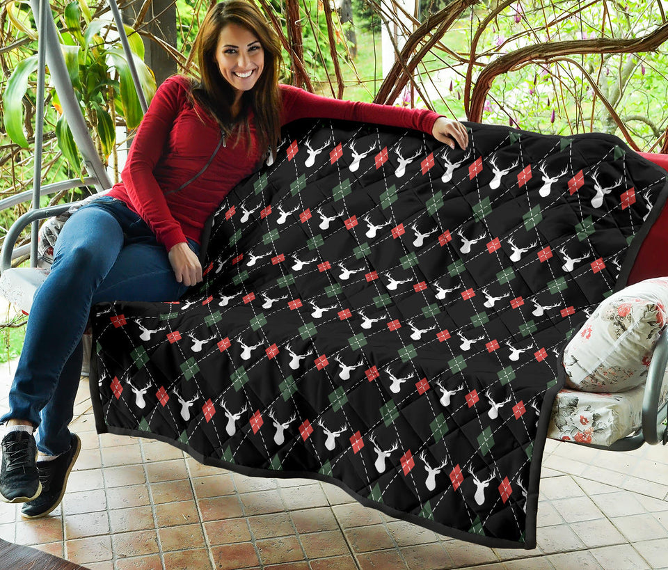 Deer Christmas New Year Pattern Argyle Premium Quilt.