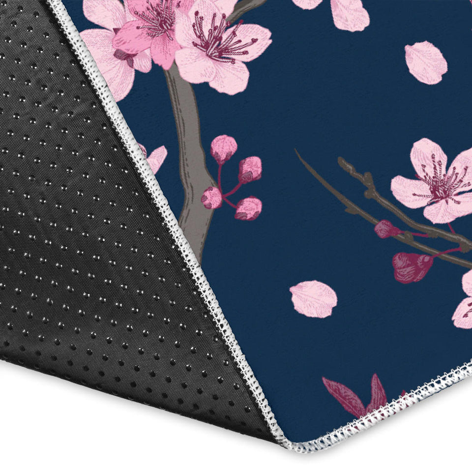 Pink Sakura Cherry Blossom Blue Background Area Rug
