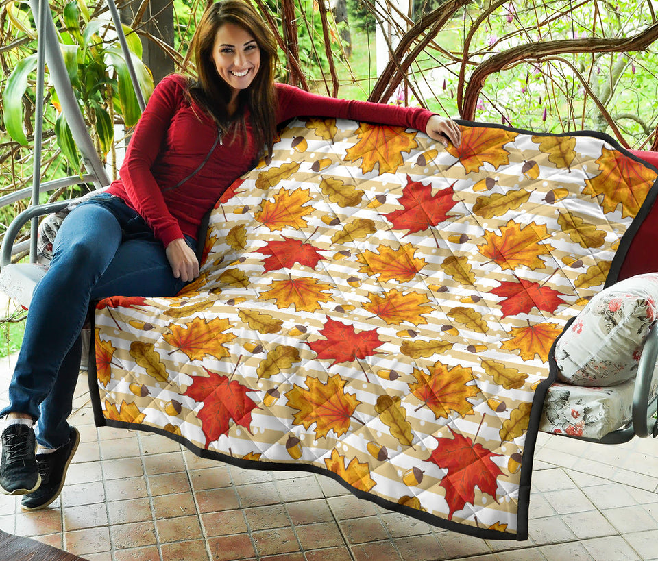 Maple Leaf Oak Leaf Acorns Beige Striped Background Premium Quilt