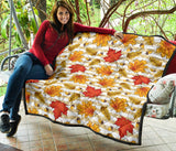 Maple Leaf Oak Leaf Acorns Beige Striped Background Premium Quilt