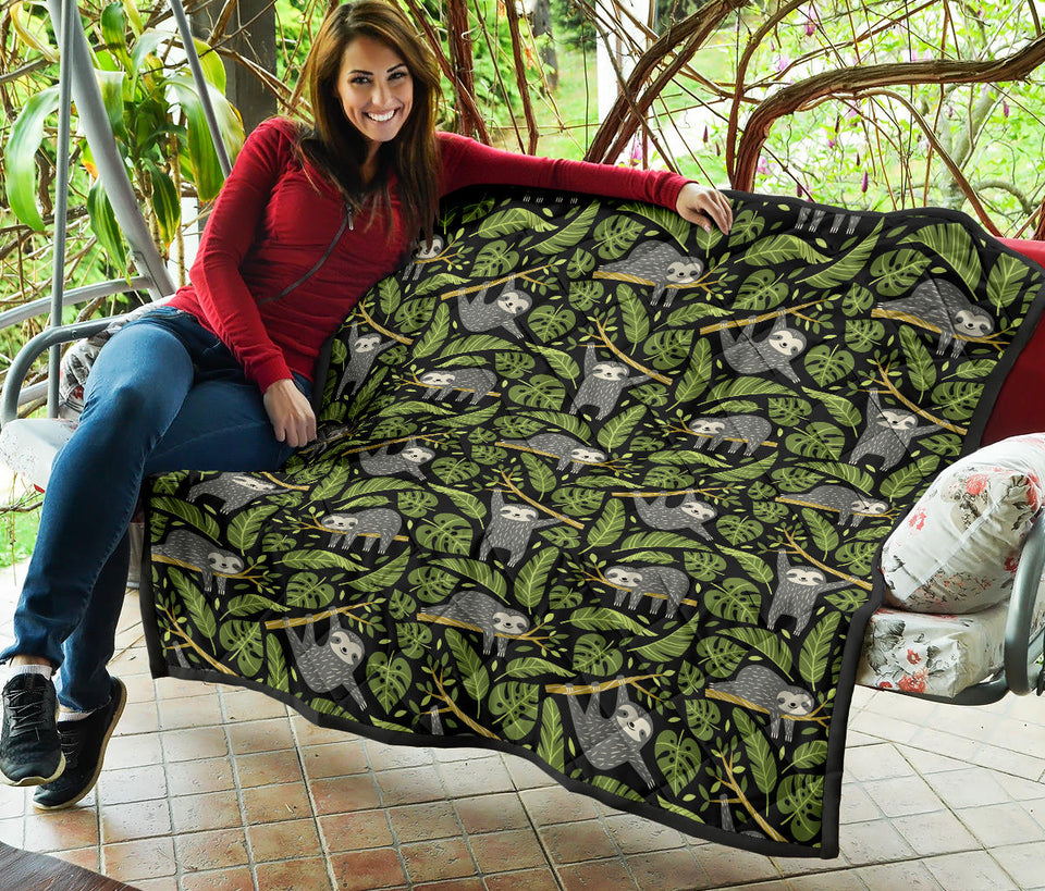 Cute Sloths Tropical Palm Leaves Black Background Premium Quilt