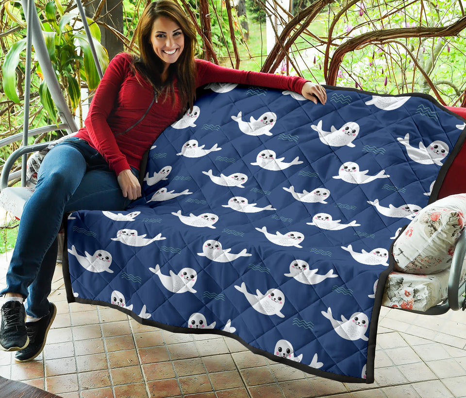 Cute White Baby Sea Lion Seal Pattern Premium Quilt