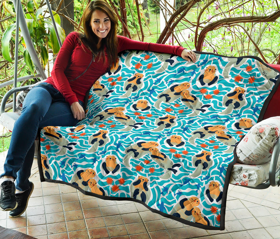 Cute Sea Otters Fishe Sea Urchin Pattern Premium Quilt