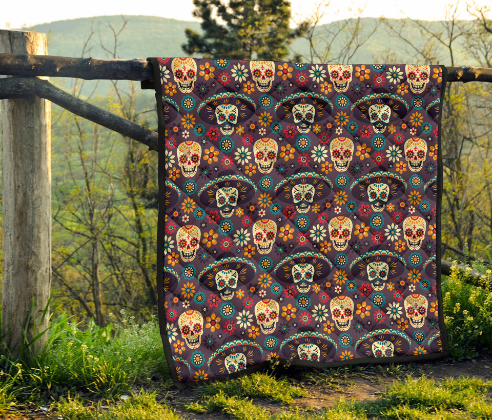 Sugar Skulls Flower Maxican Pattern Premium Quilt