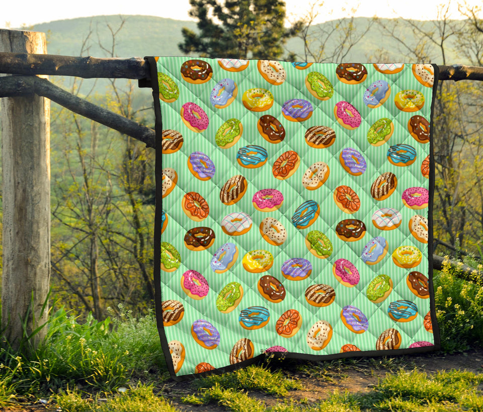 Colorful Donut Pattern Green Background Premium Quilt