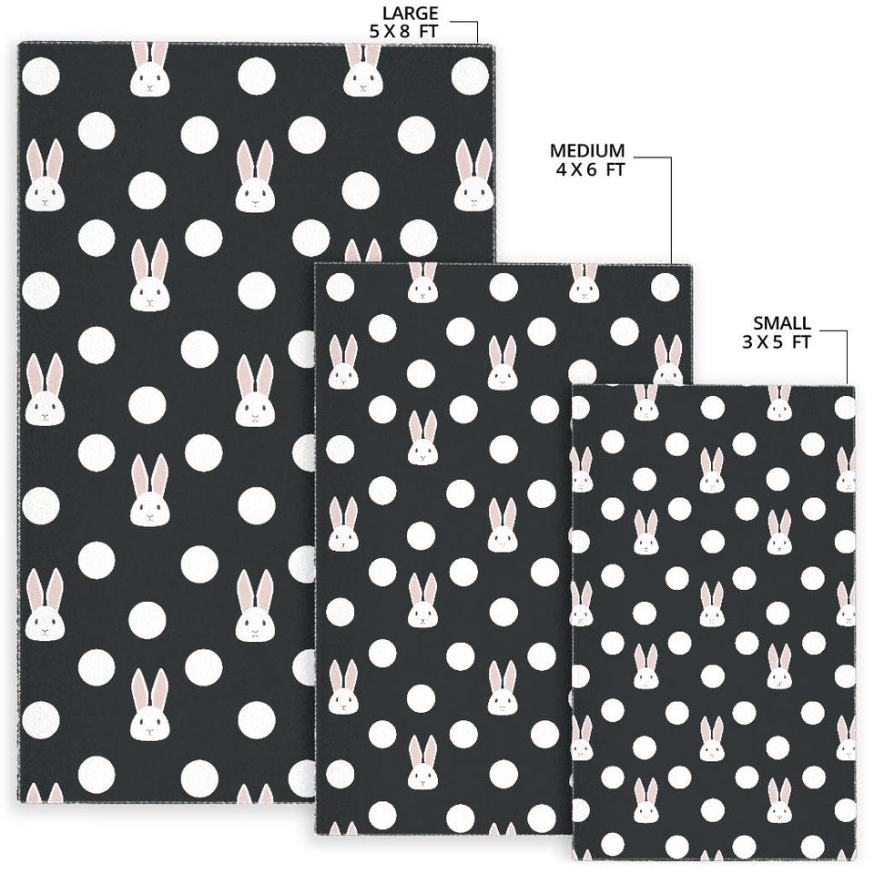 Cute White Rabbit Polka Dots Black Background Area Rug