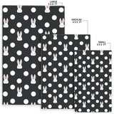 Cute White Rabbit Polka Dots Black Background Area Rug