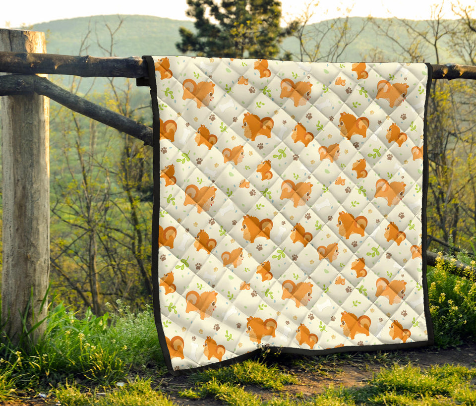 Cute Brown Pomeranian Paw Leave Bone Pattern Premium Quilt
