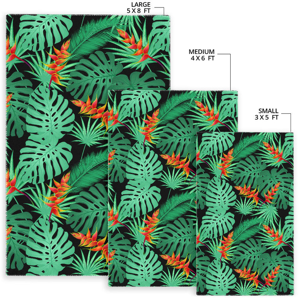 Heliconia Flower Palm Monstera Leaves Black Background Area Rug